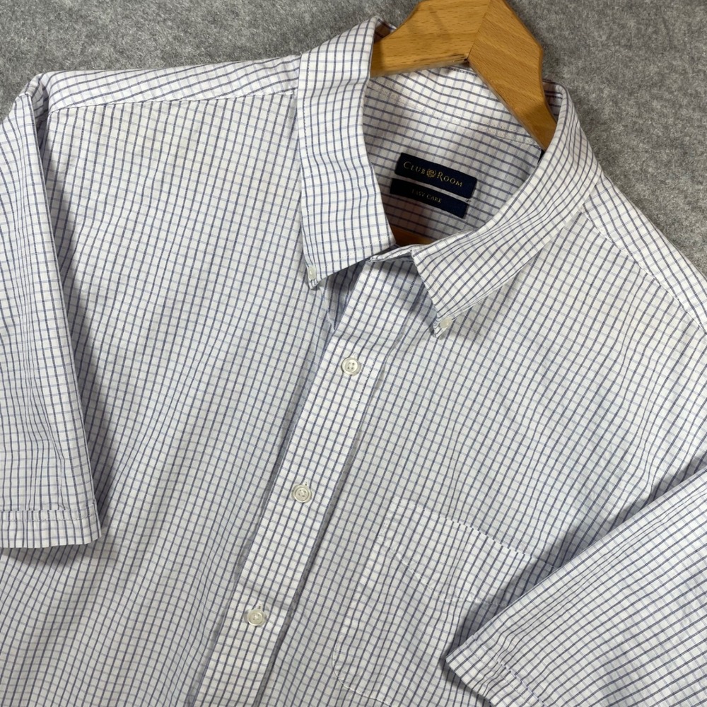 Club Room Mens XL Easy Care Short Sleeve Button Down Shirt Blue White Check